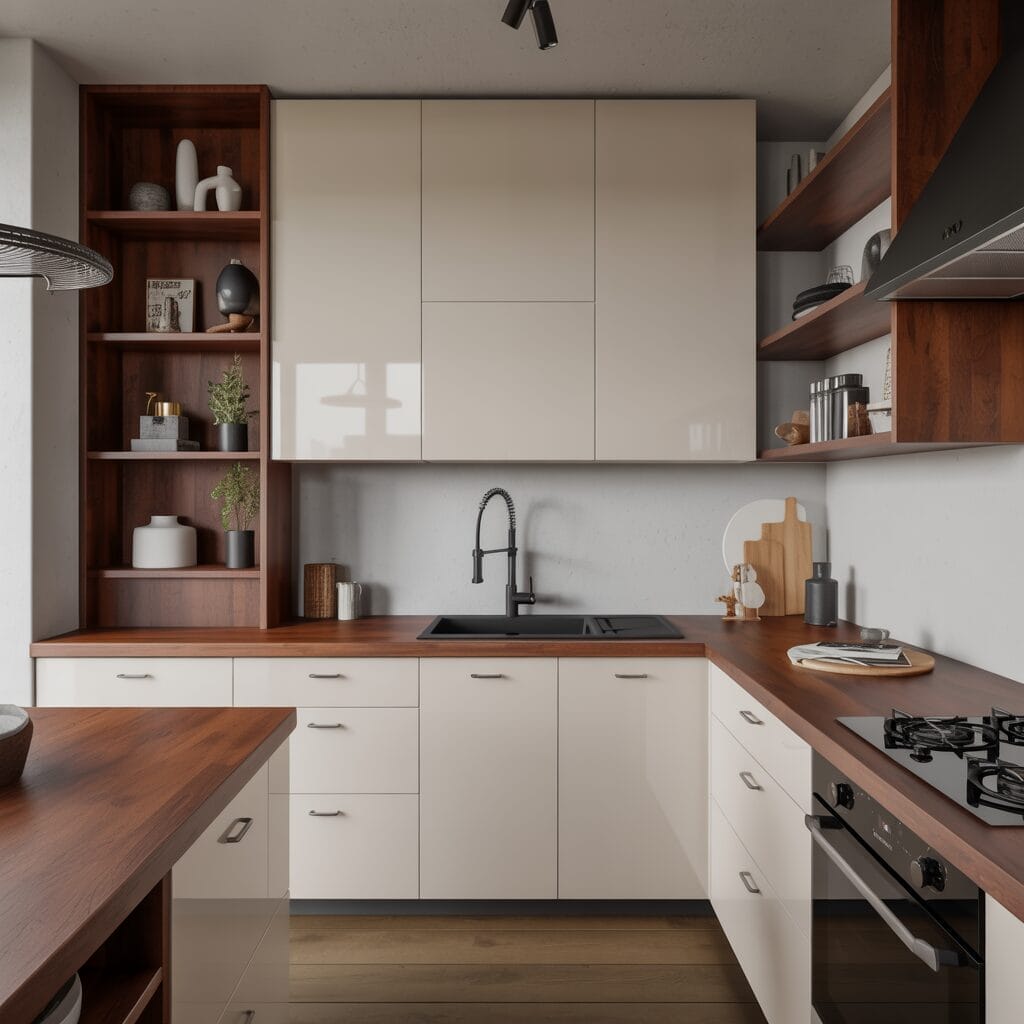 Cuisine moderne avec armoires beiges, comptoirs en bois foncé, étagères ouvertes avec objets de décoration, four intégré, table de cuisson au gaz et évier central sous un robinet mural.