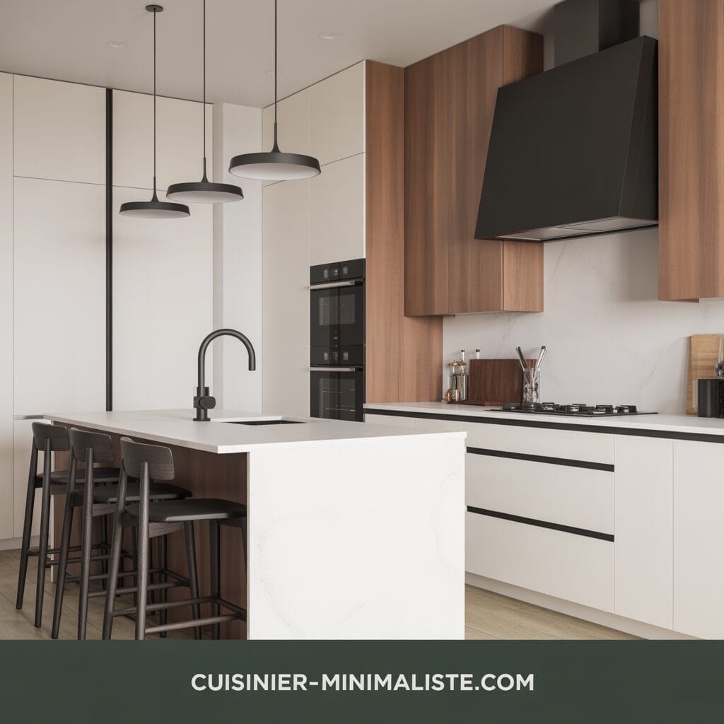 Cuisine moderne minimaliste avec des armoires blanches, des accents en bois, des luminaires noirs, des fours encastrés, un îlot avec des tabourets de bar et trois lampes suspendues. Le texte en bas de page se lit comme suit : CUISINIER-MINIMALISTE.COM.