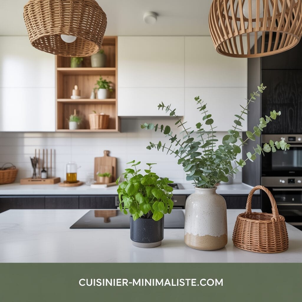 Cuisine moderne et minimaliste avec armoires blanches, touches de bois, plantes en pot, paniers en osier et lumière naturelle. Texte en bas : CUISINIER-MINIMALISTE.COM.