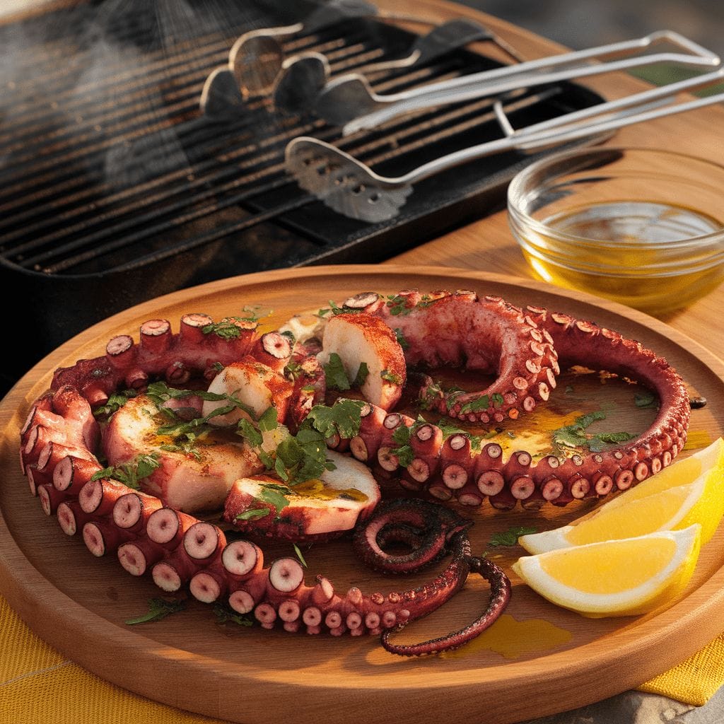 Tentacules de poulpe grillées garnies d'herbes, servies avec des quartiers de citron et de l'huile d'olive sur une assiette en bois ; ustensiles de gril et barbecue en arrière-plan.