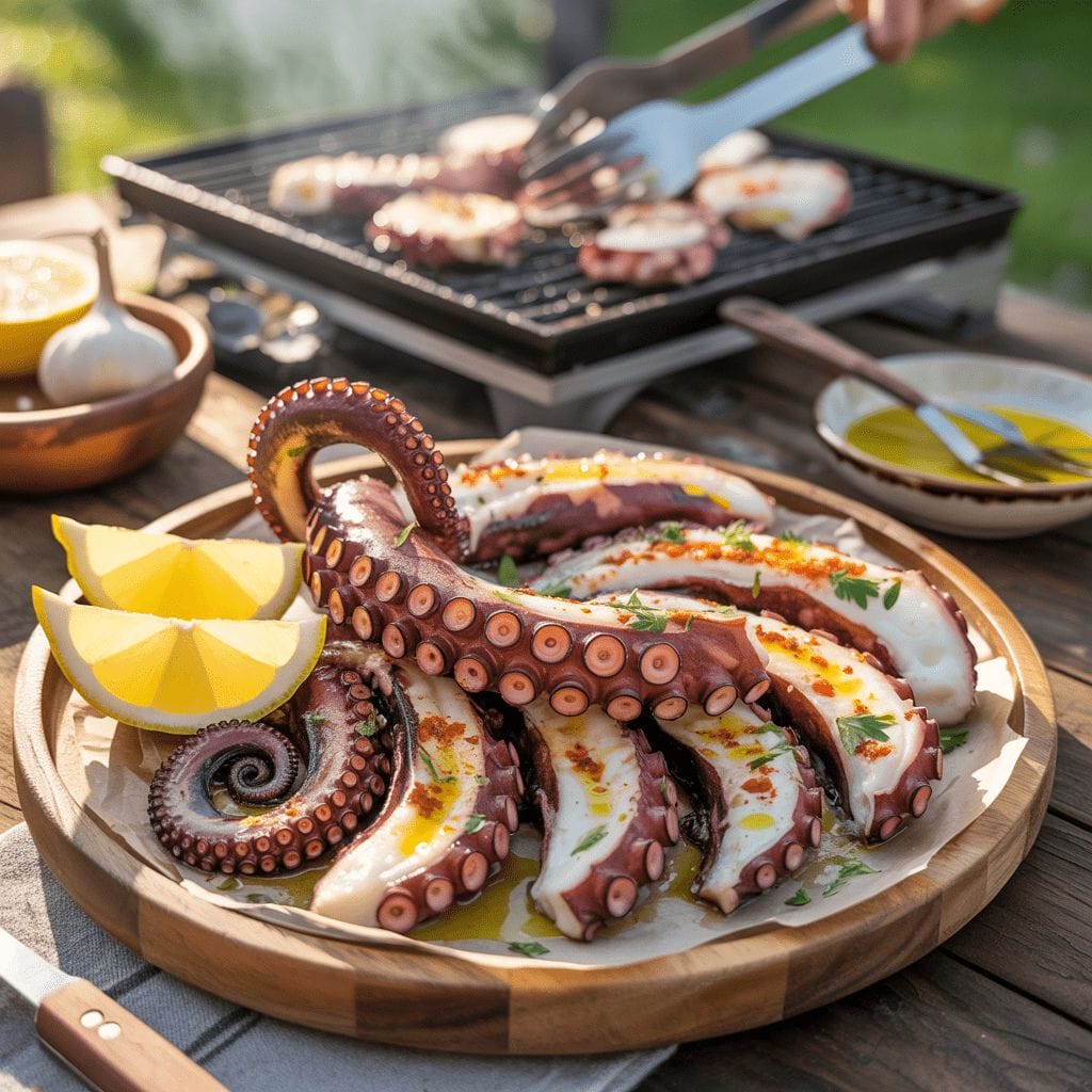 Une assiette de tentacules de poulpe grillés, garnis d'herbes et de quartiers de citron, est posée sur une table en bois, tandis que d'autres poulpes sont cuits sur un gril à l'arrière-plan.