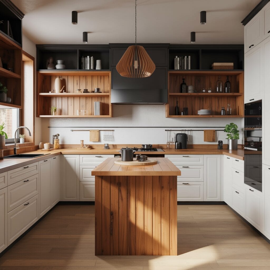 Cuisine moderne avec armoires blanches, comptoirs et étagères en bois, un îlot central, des appareils électroménagers intégrés et un éclairage suspendu, avec des plantes en pot et des ustensiles de cuisine.