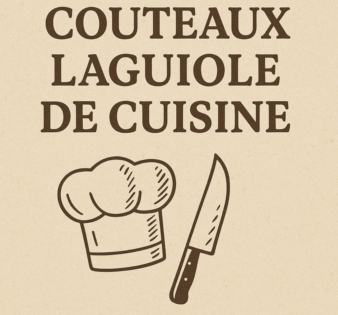 Dessins au trait en brun d'une toque de chef et d'un couteau de cuisine sous le texte français "Couteaux Laguiole de Cuisine" sur fond beige.