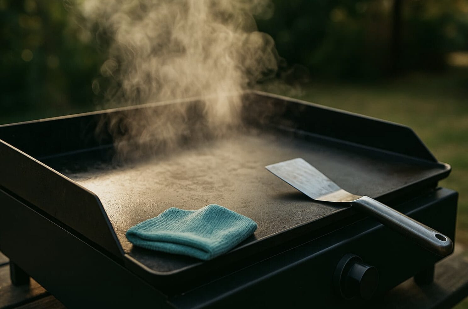 Un gril d'extérieur plat émet de la vapeur, une spatule métallique et un chiffon bleu reposant sur sa surface.